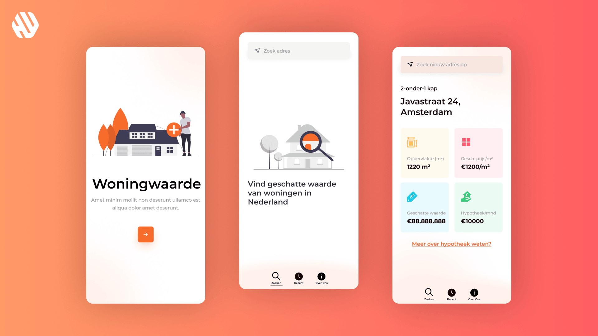 Three mobile screens displaying a real estate valuation app interface by the brand Woningwaarde.